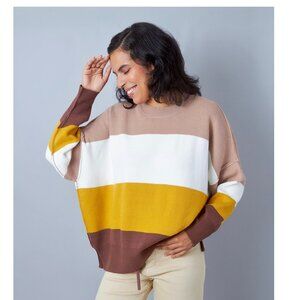 Neutral Color Block Ribbed Knit Sweater Top